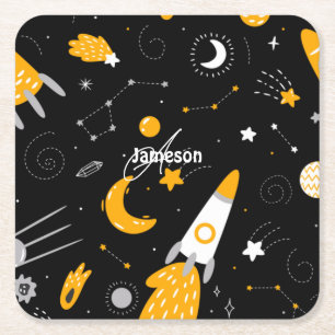 Black and Yellow Stars, Moon Outer Space Rocket Square Paper Coaster