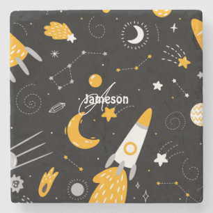 Black and Yellow Stars, Moon Outer Space Rocket Stone Coaster