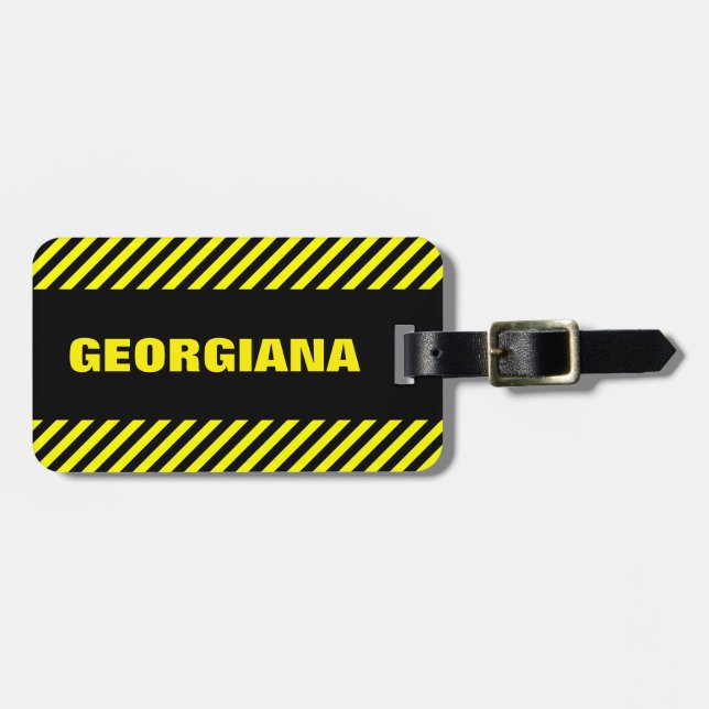 Black and Yellow Stripes + Personalised Name Luggage Tag (Front Horizontal)