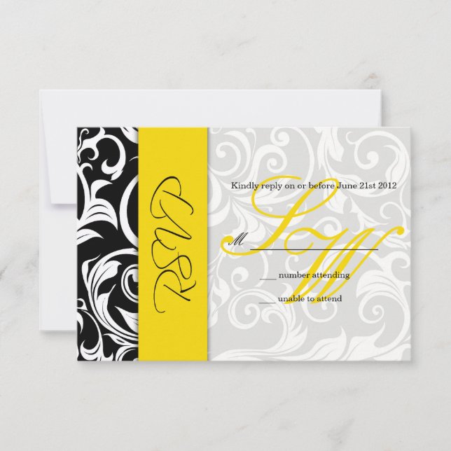 Black and Yellow Swirl Wedding RSVP Card (Front)