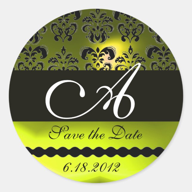 BLACK AND YELLOW TOPAZ DAMASK MONOGRAM, CLASSIC ROUND STICKER (Front)