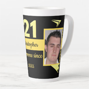 Black and yellow with name 21st birthday photo latte mug