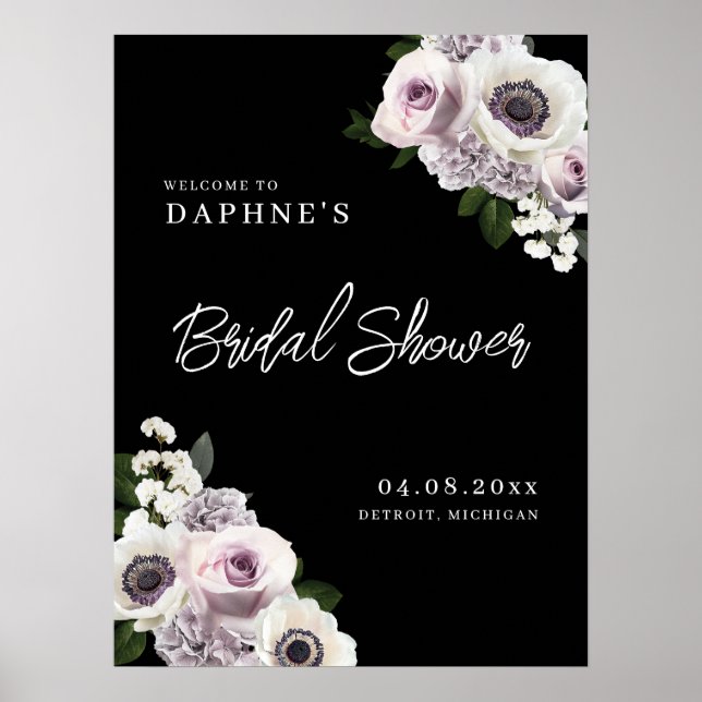 Black Anemone & Purple Floral Black Shower Welcome Poster (Front)