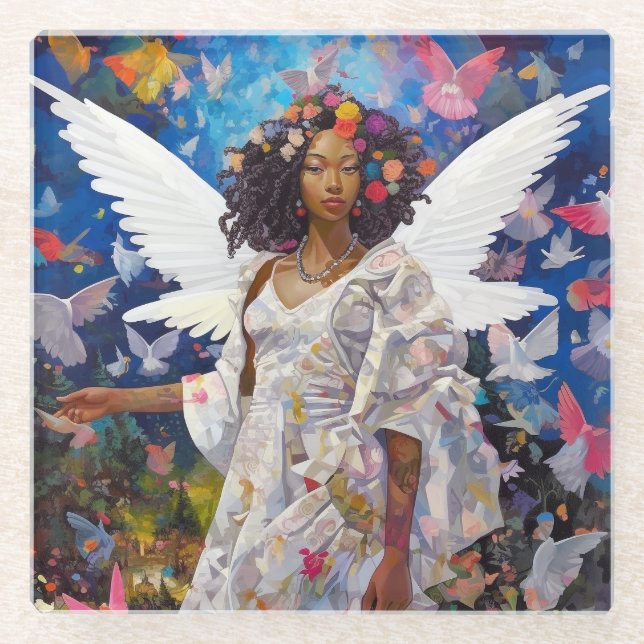 Black Angel Fantasy Art Glass Coaster (Front)