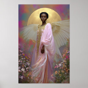 Black Angel Goddess Art Print: Pink Gold Floral Poster