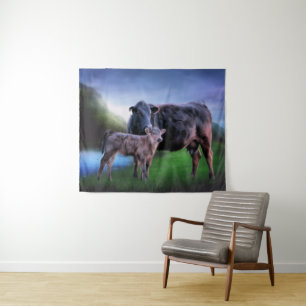 Black Angus Cow Calf Ranch Pasture Farm Art Tapestry