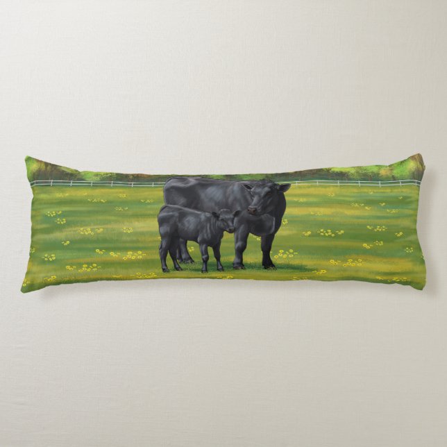 Black Angus Cow & Cute Calf in Summer Pasture Body Cushion (Front)