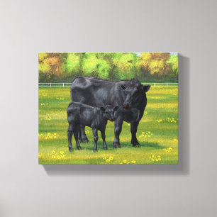 Black Angus Cow & Cute Calf in Summer Pasture Canvas Print