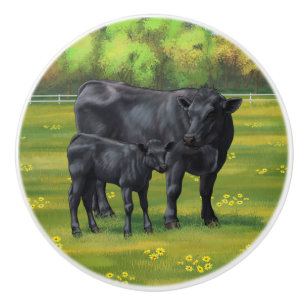 Black Angus Cow & Cute Calf in Summer Pasture Ceramic Knob
