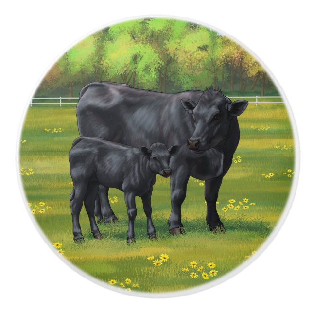 Black Angus Cow & Cute Calf in Summer Pasture Ceramic Knob (Front)