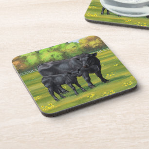 Black Angus Cow & Cute Calf in Summer Pasture Coaster