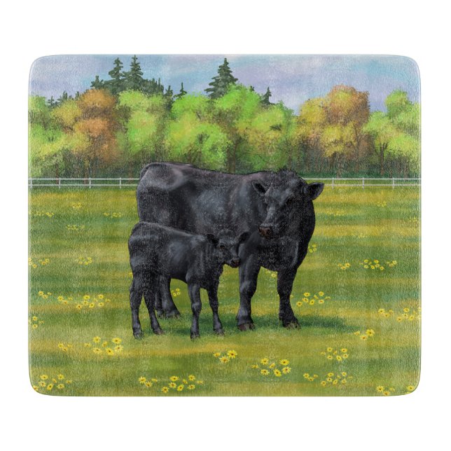 Black Angus Cow & Cute Calf in Summer Pasture Cutting Board (Front)