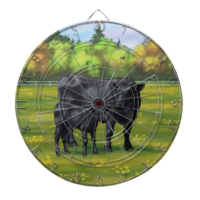 Black Angus Cow & Cute Calf in Summer Pasture Dartboard (Front)