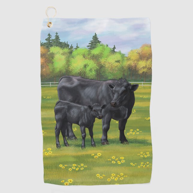 Black Angus Cow & Cute Calf in Summer Pasture Golf Towel (Front)