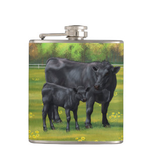 Black Angus Cow & Cute Calf in Summer Pasture Hip Flask