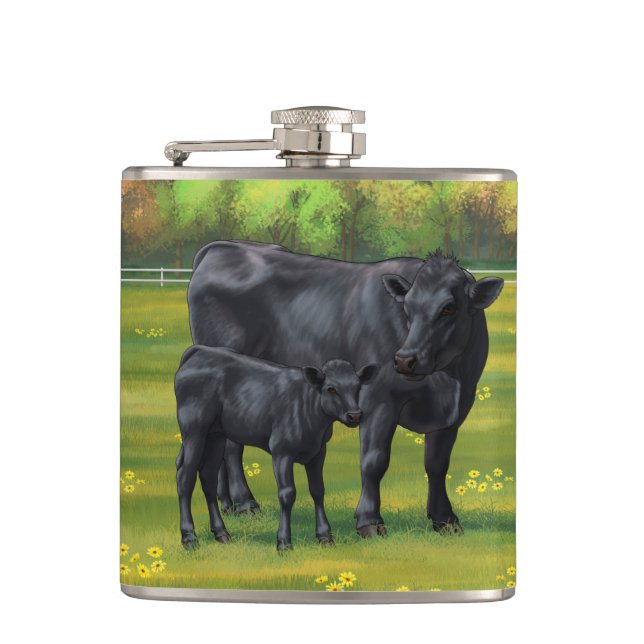 Black Angus Cow & Cute Calf in Summer Pasture Hip Flask (Front)
