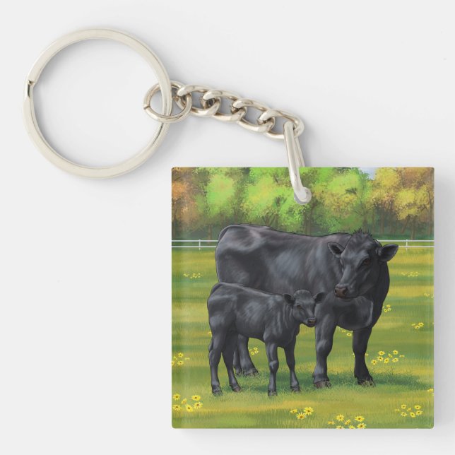 Black Angus Cow & Cute Calf in Summer Pasture Key Ring (Front)