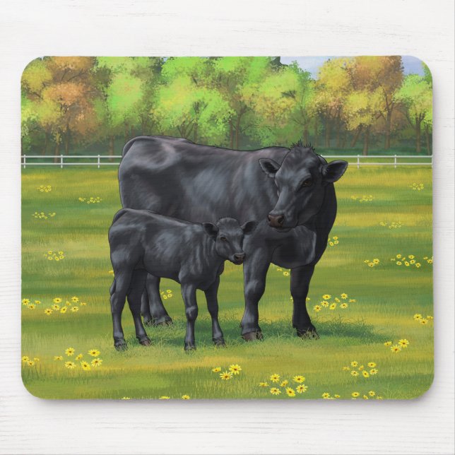 Black Angus Cow & Cute Calf in Summer Pasture Mouse Pad (Front)