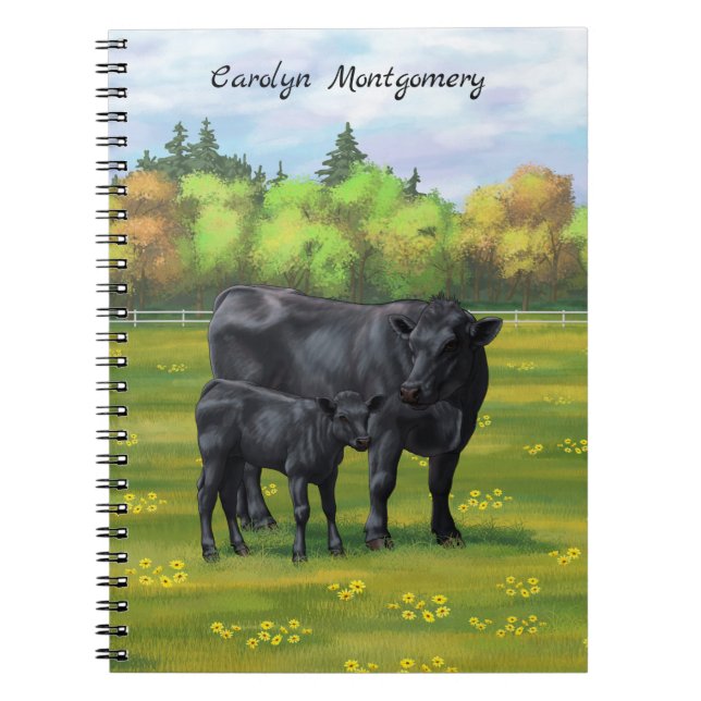 Black Angus Cow & Cute Calf in Summer Pasture Notebook (Front)