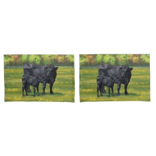 Black Angus Cow & Cute Calf in Summer Pasture Pillowcase (Front-Set)