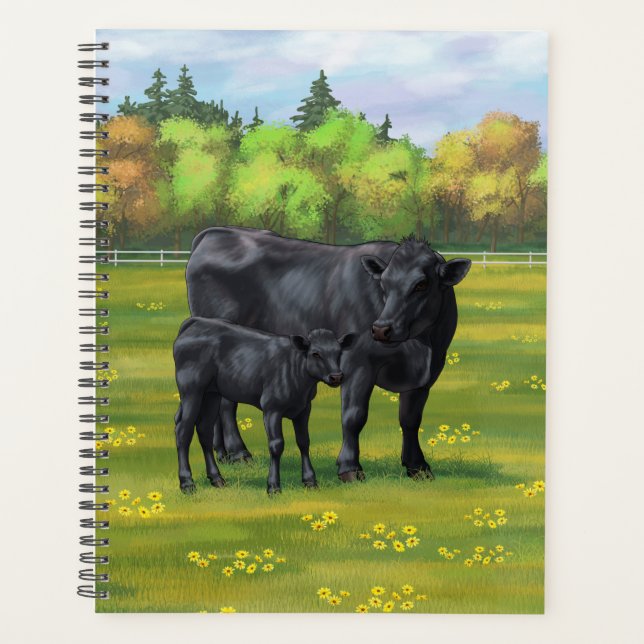 Black Angus Cow & Cute Calf in Summer Pasture Planner (Front)