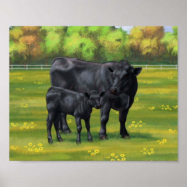 Black Angus Cow & Cute Calf in Summer Pasture Poster (Front)