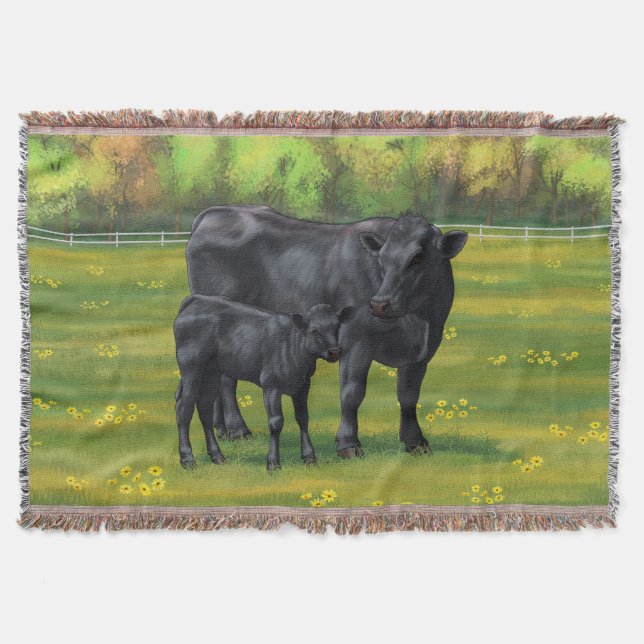 Black Angus Cow & Cute Calf in Summer Pasture Throw Blanket (Front)