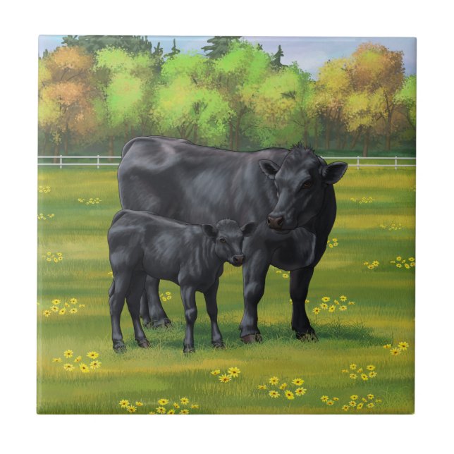 Black Angus Cow & Cute Calf in Summer Pasture Tile (Front)
