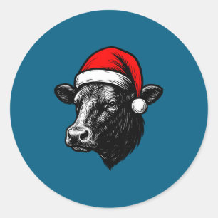 Black Angus Rancher Christmas Cow Santa Hat Farmer Classic Round Sticker