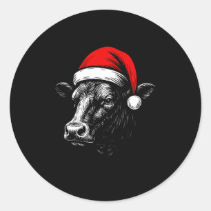 Black Angus Rancher Christmas Cow Santa Hat Farmer Classic Round Sticker