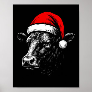 Black Angus Rancher Christmas Cow Santa Hat Farmer Poster