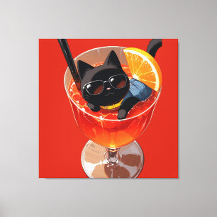 BLACK ANIME CAT IN A GLASS OF JUICE CANVAS PRINT