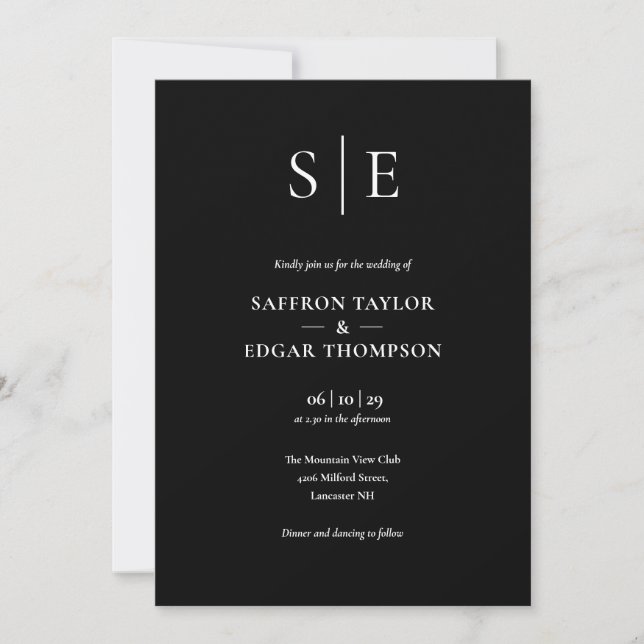 Black Ans White Monogram QR Code Wedding Invitation (Front)