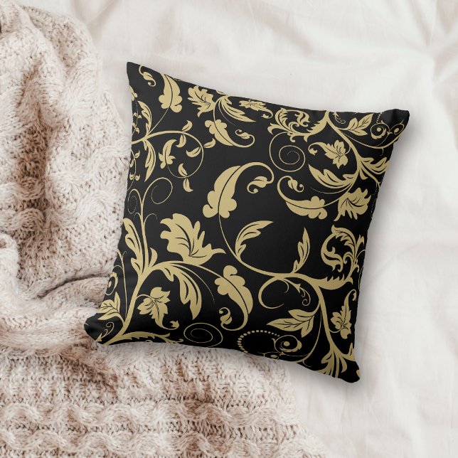 Black Antique Gold Retro Leaf Swirl Cushion (Creator Uploaded)