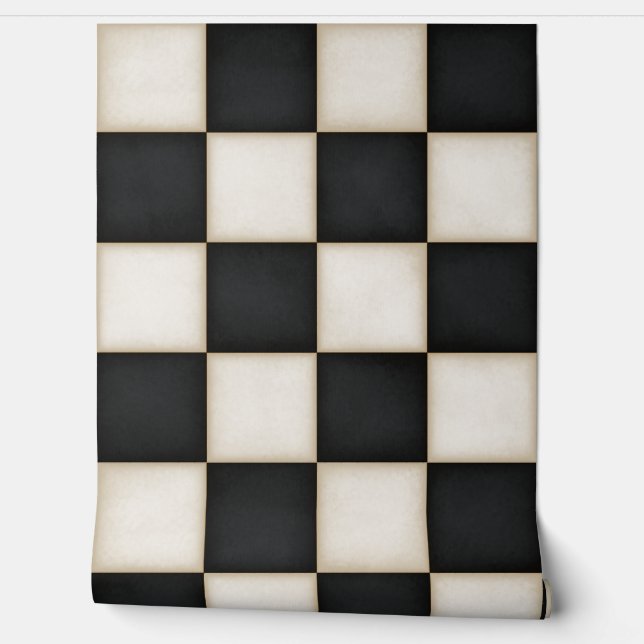 Black & Antique White Checkers (large scale) Wallpaper (Unrolling)