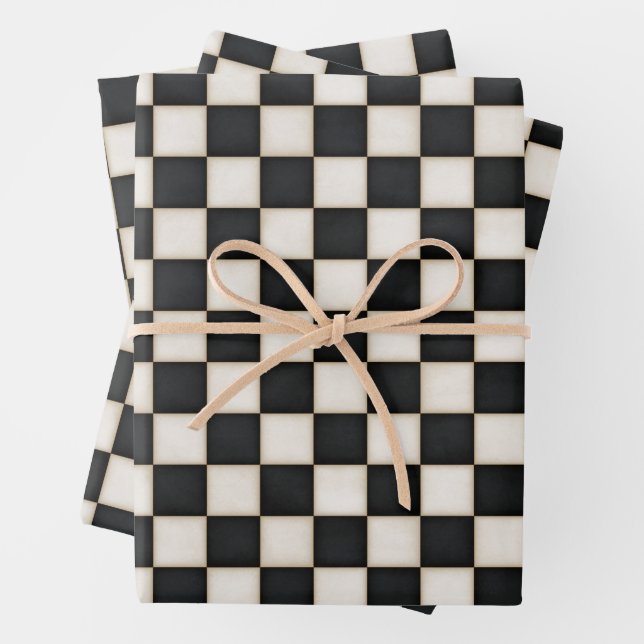 Black & Antique White Chequered Wrapping Paper Sheet (In situ)