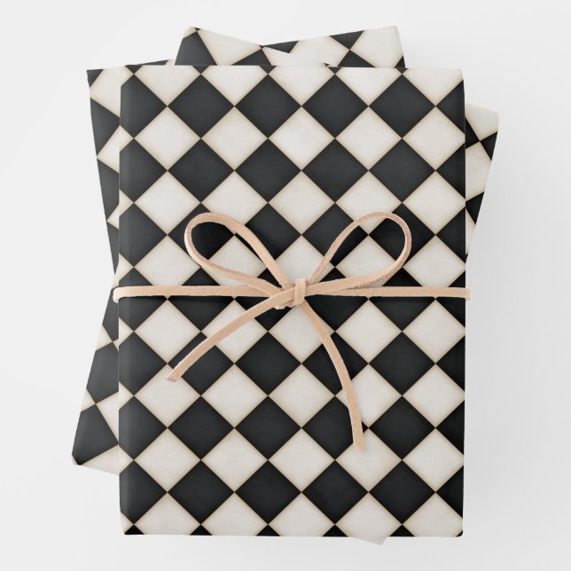 Black & Antique White Diamonds Wrapping Paper Sheet (In situ)