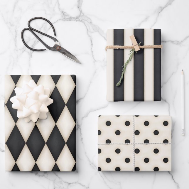 Black & Antique White Patterns Colection Wrapping Paper Sheet (Front)