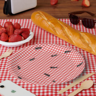 Black Ants on White and Red Gingham Paper Plate