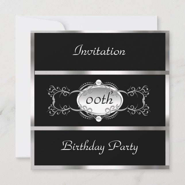 Black Any Birthday Invitation Black and Silver (Front)