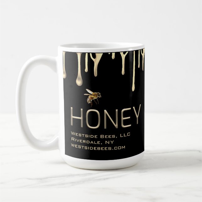 Black apiary honeybee mug gold dripping honey bee (Left)
