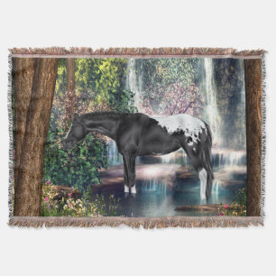 Black Appaloosa Horse Waterfall Background Throw Blanket