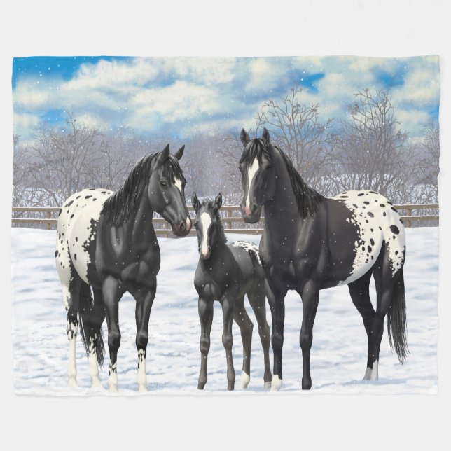 Black Appaloosa Horses In Snow Fleece Blanket (Front (Horizontal))