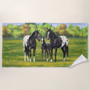 Black Appaloosa Horses In Summer Pasture Beach Towel