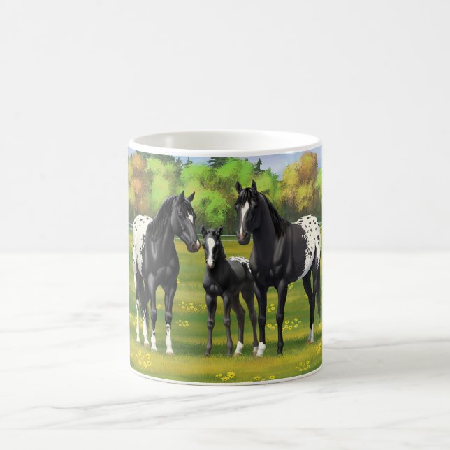 Black Appaloosa Horses In Summer Pasture Coffee Mug (Center)