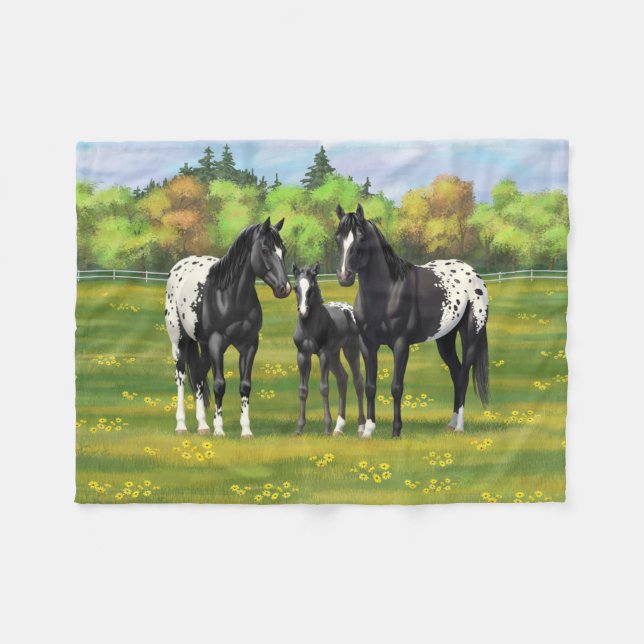 Black Appaloosa Horses In Summer Pasture Fleece Blanket (Front (Horizontal))