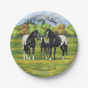 Black Appaloosa Horses In Summer Pasture Paper Plate