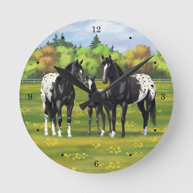 Black Appaloosa Horses In Summer Pasture Round Clock (Front)