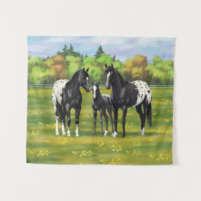 Black Appaloosa Horses In Summer Pasture Tapestry (Front (Horizontal))