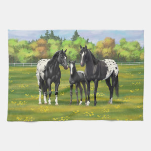 Black Appaloosa Horses In Summer Pasture Tea Towel